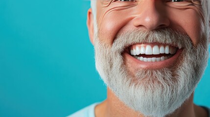 Fototapeta premium Close-up of mature man with white beard showing perfect, healthy teeth during a happy smile.