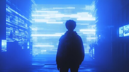 Hacker Silhouette on Blue BSOD Screen. System Hacking Cyber Attack. Global Outage Malware Attention Sign. Computer Hacked Error Concept. Vector Illustration.