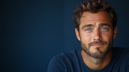 Fototapeta premium Male portrait with blue eyes against dark background highlighting dramatic lighting