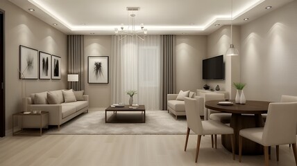 Fototapeta premium Cozy, minimalist living room with blue-toned walls and soft lighting, creating a calm and peaceful atmosphere, photorealistic.