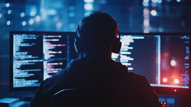Hacker Silhouette on Blue BSOD Screen. System Hacking Cyber Attack. Global Outage Malware Attention Sign. Computer Hacked Error Concept. Vector Illustration.