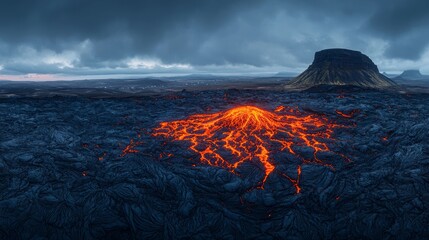 Aerial view of glowing lava flowing from a volcanic vent, dark landscape, stormy sky.