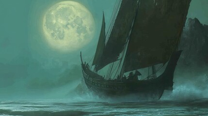 Ancient sailing ship at night, moonlit ocean.