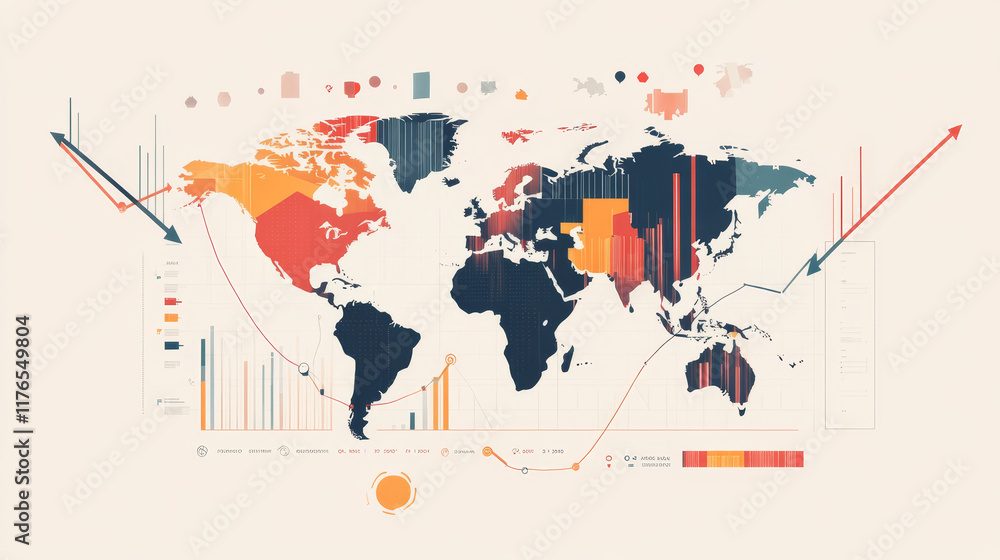 Poster build infographic with world map. presentation information page with pie chart, step diagram and bar