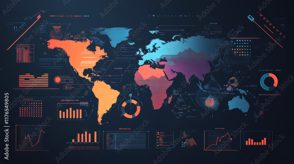 Poster build infographic with world map. presentation information page with pie chart, step diagram and bar