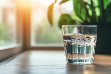 Glass of water sits on wooden table, near plants.