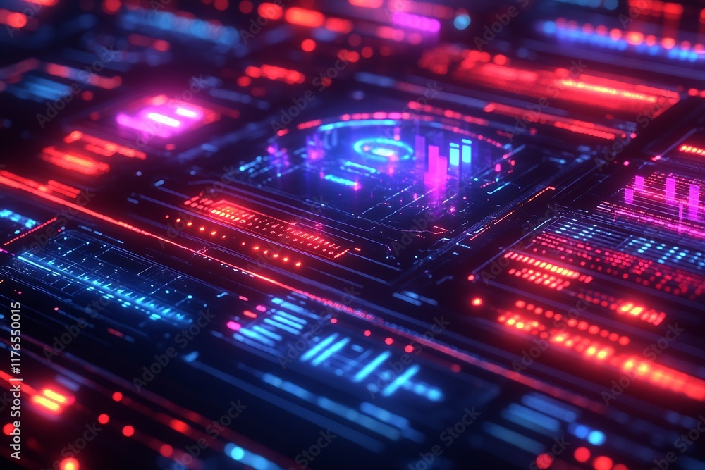 Aufkleber Bright Cyberpunk Neon Circuit Technology with Data Visualization Concept : Generative AI