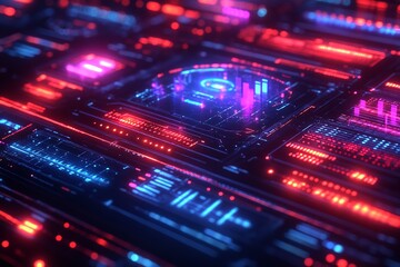 Obraz premium Bright Cyberpunk Neon Circuit Technology with Data Visualization Concept : Generative AI