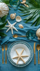 Summer Seashell Table Setting  Coastal Decor  Starfish  Blue Linen