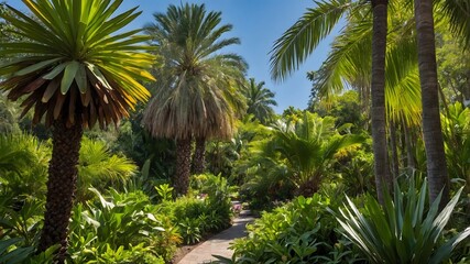 Obraz premium Lush Paradise: Livistona chinensis Palms and Vibrant Tropical Plants in Perfect Harmony