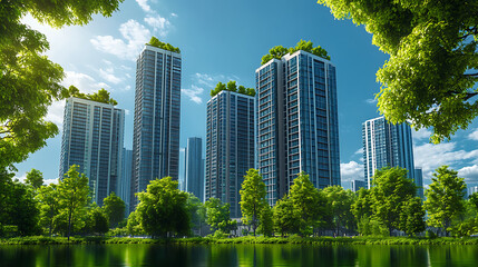 Fototapeta premium A group of modern high-rise buildings surrounded by greenery