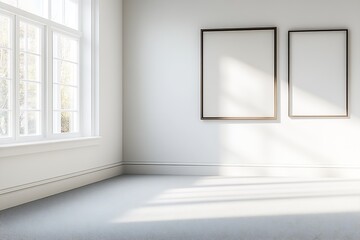 Minimalist interior featuring bright natural sunlight and dual empty frames on walls : Generative AI