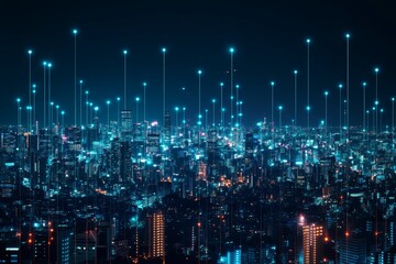 Night city skyline, illuminated buildings, glowing network.