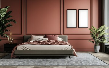 Modern bedroom interior with blank frames, terracotta walls, and plants.