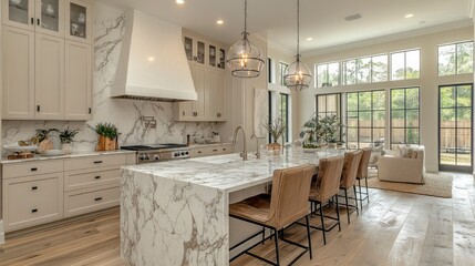 Luxurious Modern Kitchen with Marble Island and Expansive Windows