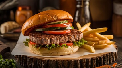 Mouthwatering hot homemade burger layered with a juicy meat cutlet, fresh vegetables, and bursting with flavor, homemade beef Burger with a crispy bun, generative AI