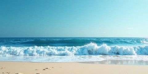 Serene Coastal Scene Ocean Waves Crashing on a Sandy Shore Under a Clear Sky