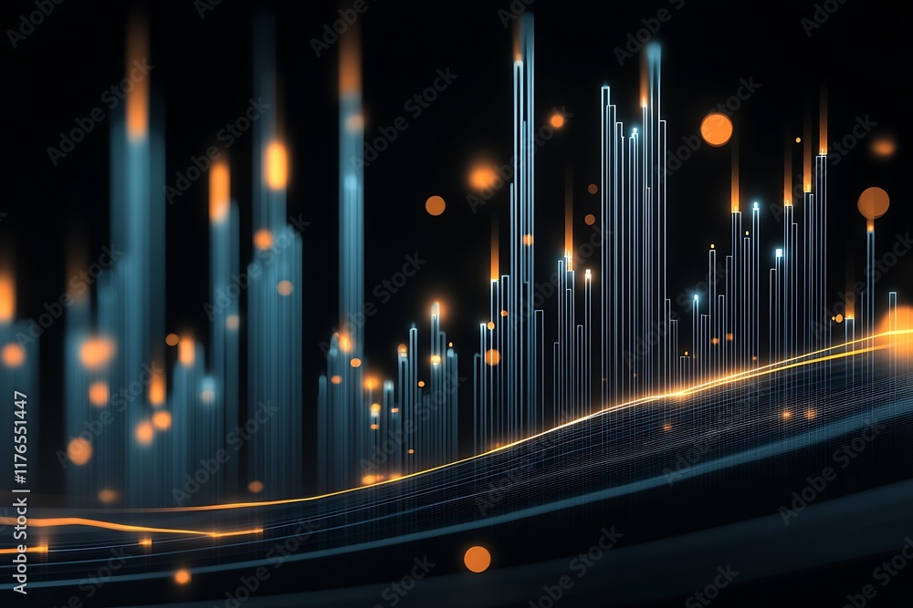 Aufkleber Futuristic Data Chart with Highlighted Peaks and Transparent Waves on Dark Theme : Generative AI