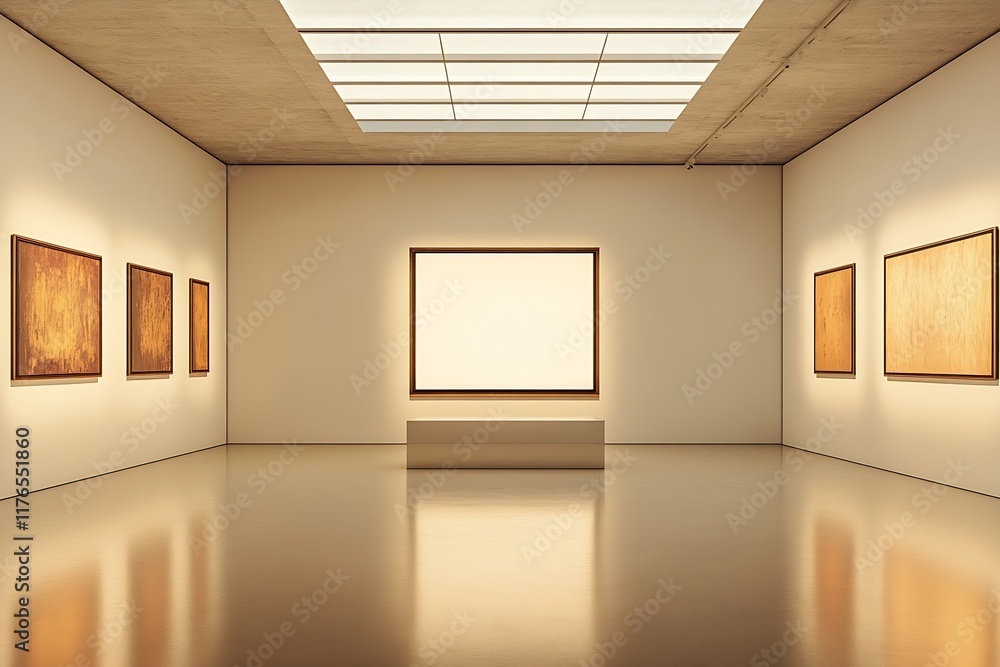 Poster Art Gallery with Illuminated Blank Frame and Contemporary Design Elements : Generative AI