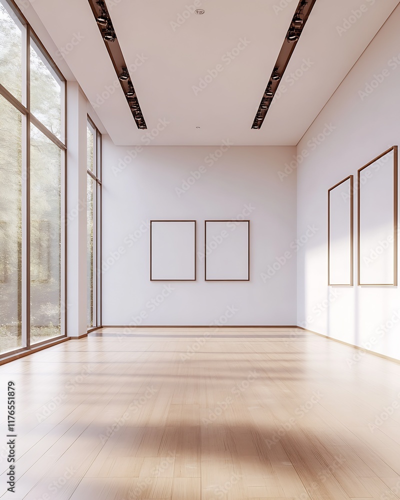 Poster Modern minimalist gallery interior with empty picture frames and large sunlit windows : Generative AI