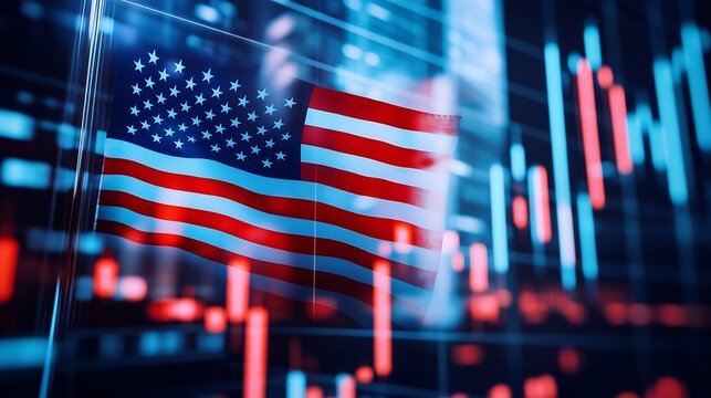 USA Flag with Stock Market Graphics and Futuristic Technology Aesthetic : Generative AI