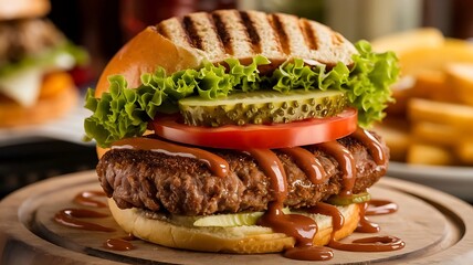 Mouthwatering hot homemade burger layered with a juicy meat cutlet, fresh vegetables, and bursting with flavor, homemade beef Burger with a crispy bun, generative AI