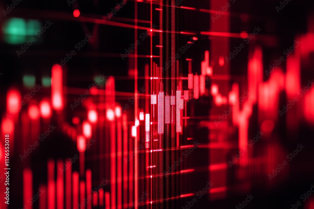 Poster vibrant red stock market visualization with complex data charts and trends : generative ai