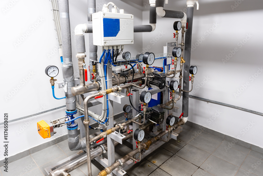 Poster complex piping system with pressure gauges in a modern industrial setting for fluid management and m