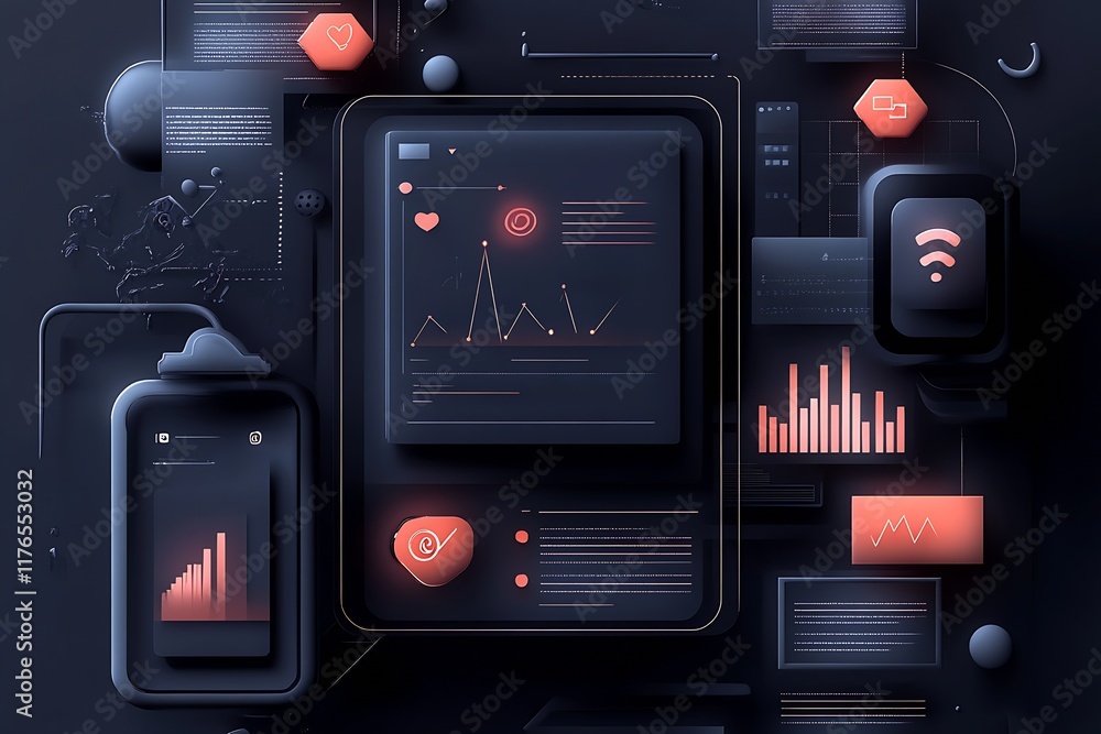 Leinwandbilder Futuristic Digital Dashboard Interface with Data Visualization on Dark Screen : Generative AI