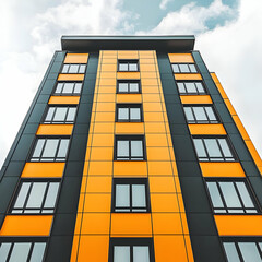 Modern urban building with a chic amber and ebony facade, set against a simple sky, captured in a minimalist stock photo for contemporary architectural design.