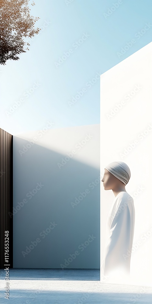 Poster White Building with Stylized Figure and Dramatic Lighting Effect : Generative AI