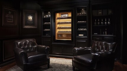 Luxurious dark wood paneled room with leather armchairs flanking a built-in humidor and liquor cabinet.