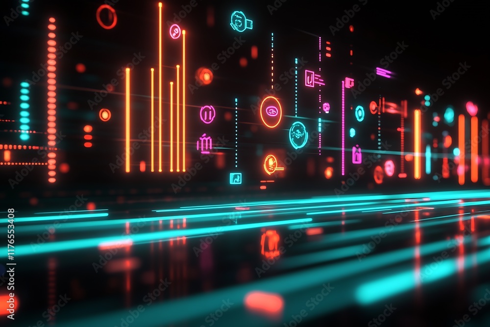 Aufkleber Dynamic Data Visualization with Neon Graphs and Charts for Modern Technology Concepts : Generative AI