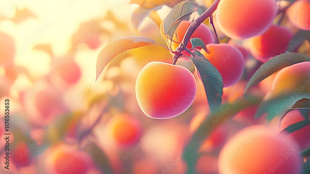 Poster Single Peach on Tree Illuminated by Warm Sunlight in Vibrant Orchard Setting : Generative AI