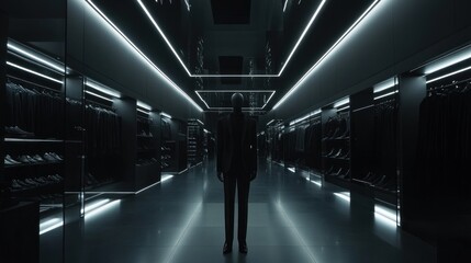 A man in a suit stands in a dark, modern clothing store.