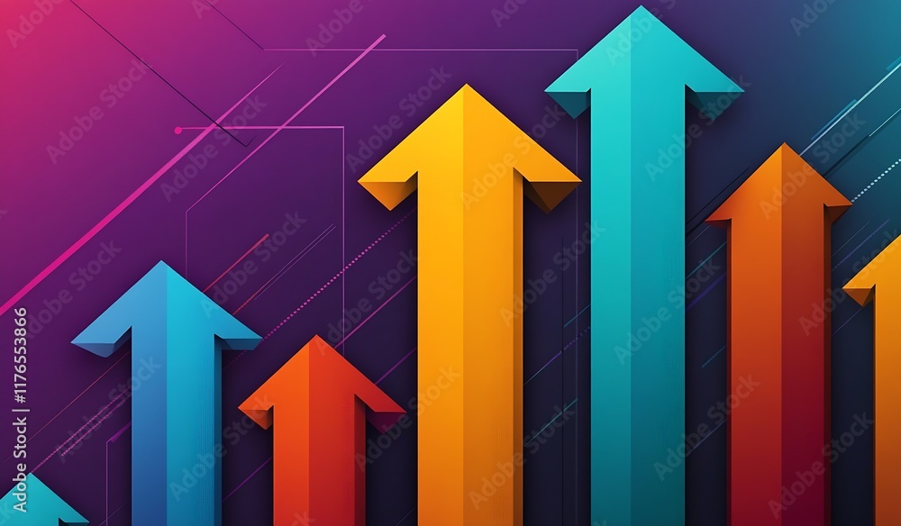 Poster bright multicolor arrows on blue and purple abstract background for growth concept and visualization