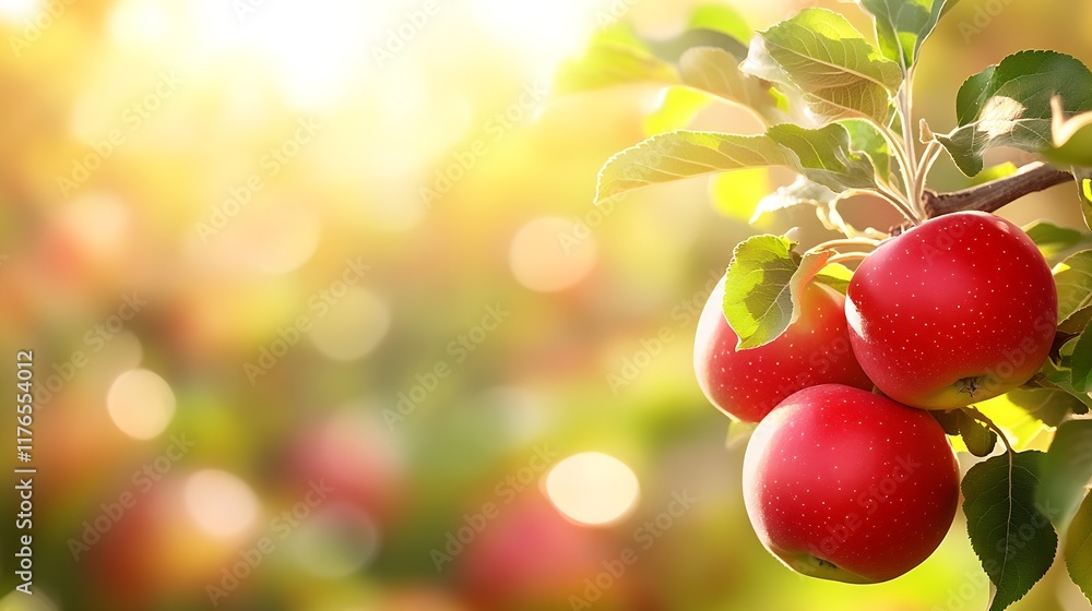 Poster Ripe Apples Hanging on Tree Branch Radiating in Bright Sunshine and Bokeh Background : Generative AI