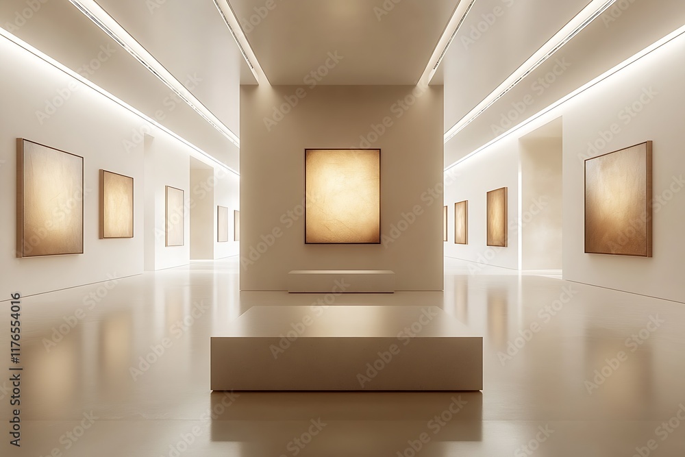 Poster Contemporary Art Exhibit Space with Elegant Framing and Symmetrical Lighting : Generative AI