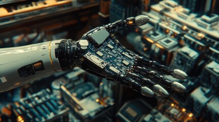 Close-up of a robotic hand extending an open palm, showcasing intricate internal circuitry and mechanical components.