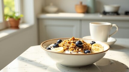 A sunlit bowl of creamy yogurt topped with crunchy granola, sweet blueberries, and ripe banana slices, a delightful breakfast scene on a bright kitchen counter