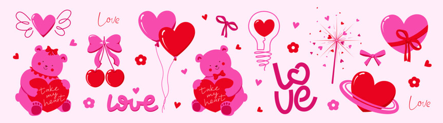 Happy Valentine's day cards set. Cartoon cute art design with hearts, bear, lettering. Bright colorful romantic design. Holiday romantic cards, invitations,  covers, post, message template.