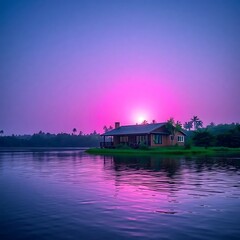 Fototapeta premium sunset on the lake, eco-friendly bungalow on a tranquil lake, lush greenery, morning sun, high contrast, vivid purples, commercial quality