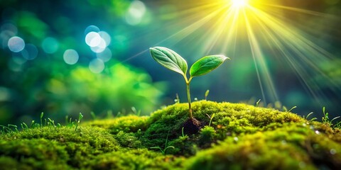 Young Sprout Emerging from Moss, Soft Bokeh Background - Nature Stock Photo
