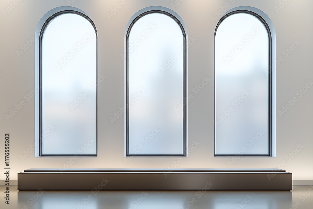 Poster minimalist modern interior large arched windows with a seamless natural light flow : generative ai