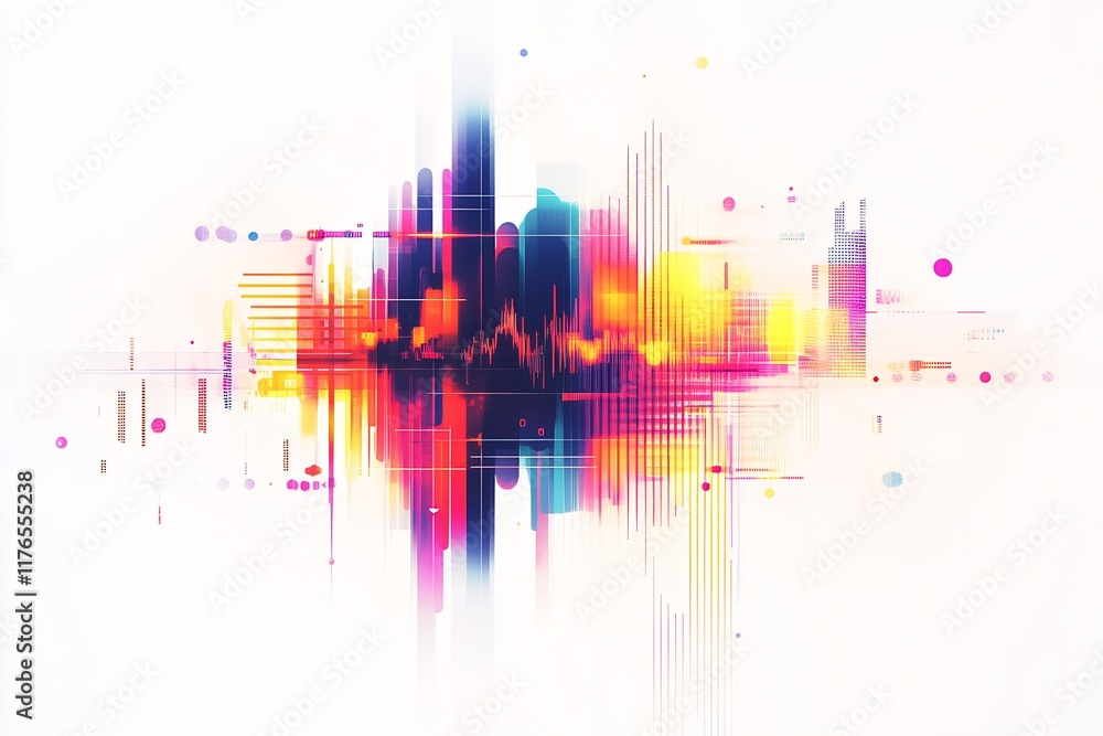 Poster contemporary acoustic spectrum with digital hues and modern geometric patterns : generative ai