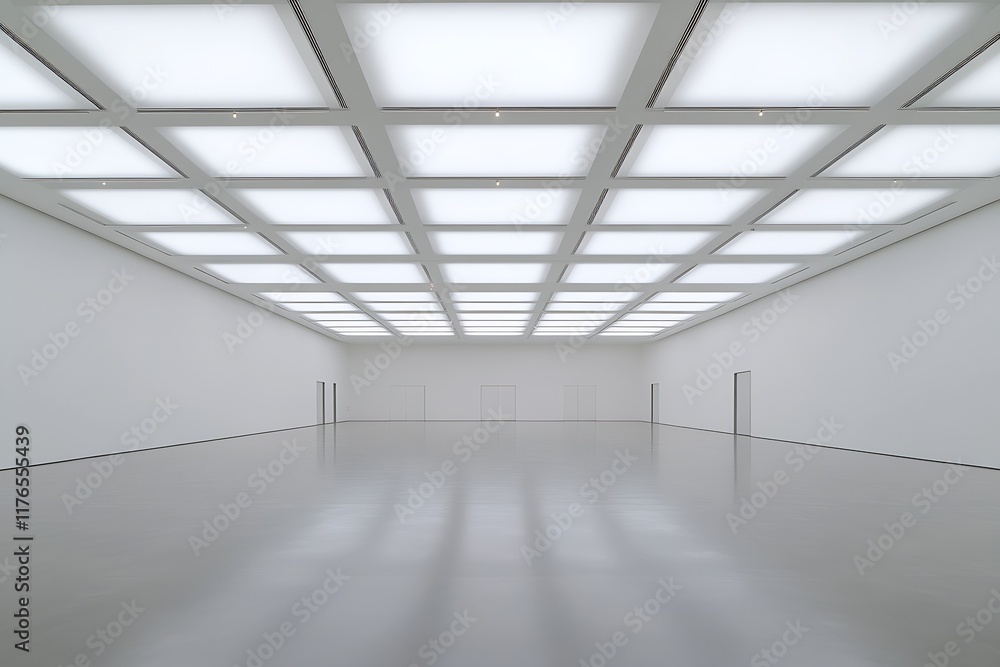 Poster spacious modern gallery room with symmetrical light fixtures on ceiling : generative ai