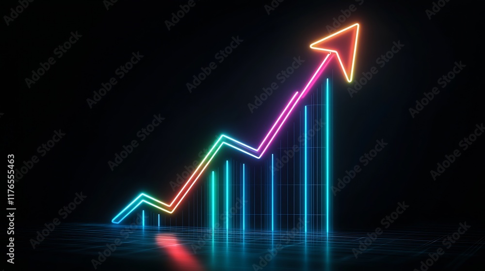 Aufkleber colorful neon arrow with bar chart representing increasing business trends : generative ai