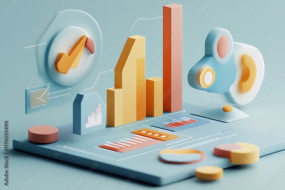 Poster 3D Abstract Data Visualization with Charts and Graphs in Pastel Colors : Generative AI