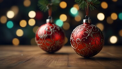 Christmas balls hanging on an out of focus background Generative AI