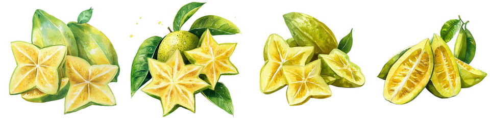 Fototapeta premium A vibrant arrangement of starfruit (carambola) and leaves, showcasing the fruit's distinct star shape and yellow hue.